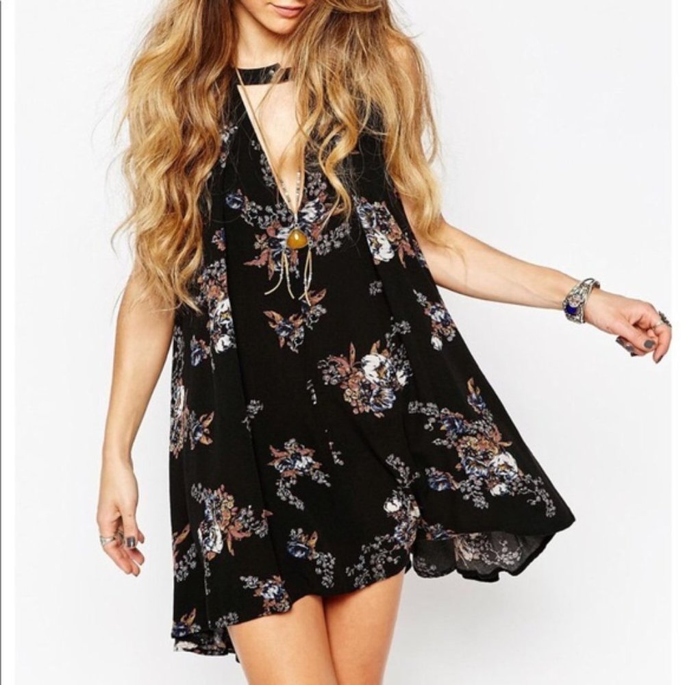 Free People Tree Choker Neck Swing Dress Black Floral Print XS